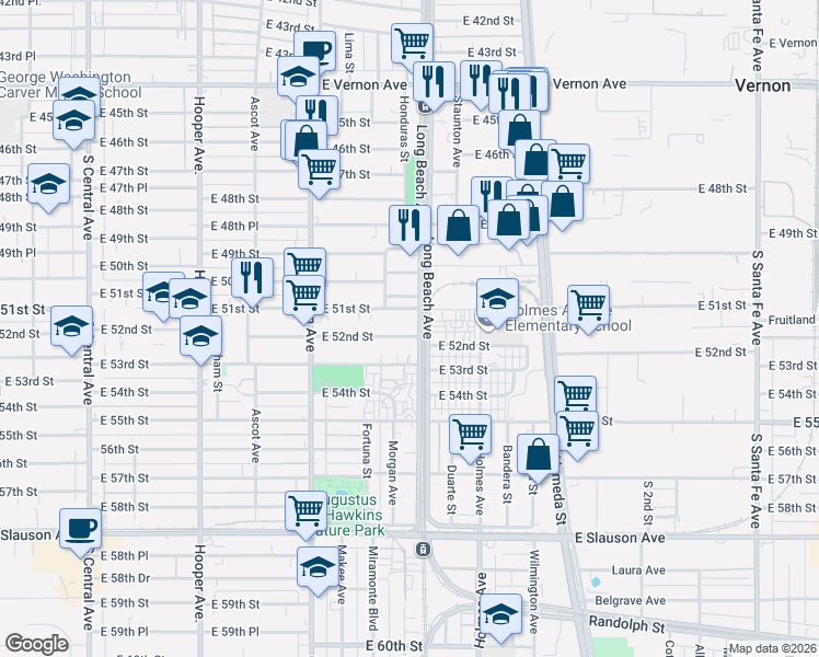 map of restaurants, bars, coffee shops, grocery stores, and more near 5111 Long Beach Avenue in Vernon