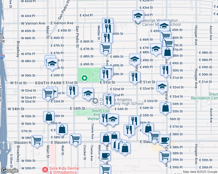map of restaurants, bars, coffee shops, grocery stores, and more near 623 East 52nd Street in Los Angeles