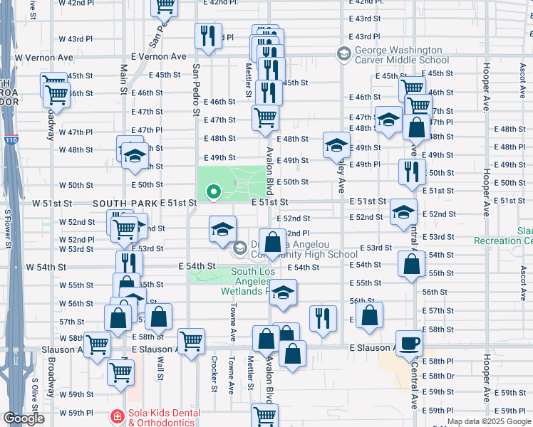 map of restaurants, bars, coffee shops, grocery stores, and more near 438 East 51st Street in Los Angeles