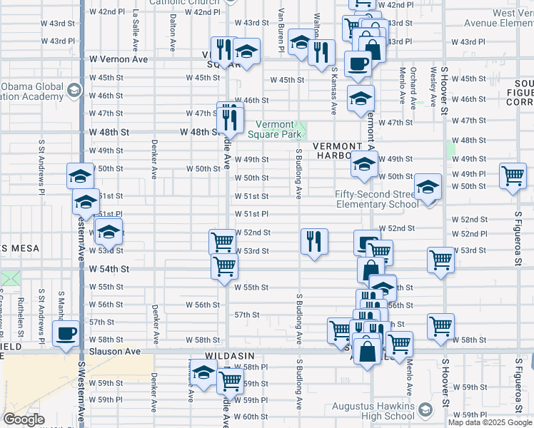 map of restaurants, bars, coffee shops, grocery stores, and more near 1250 West 51st Place in Los Angeles