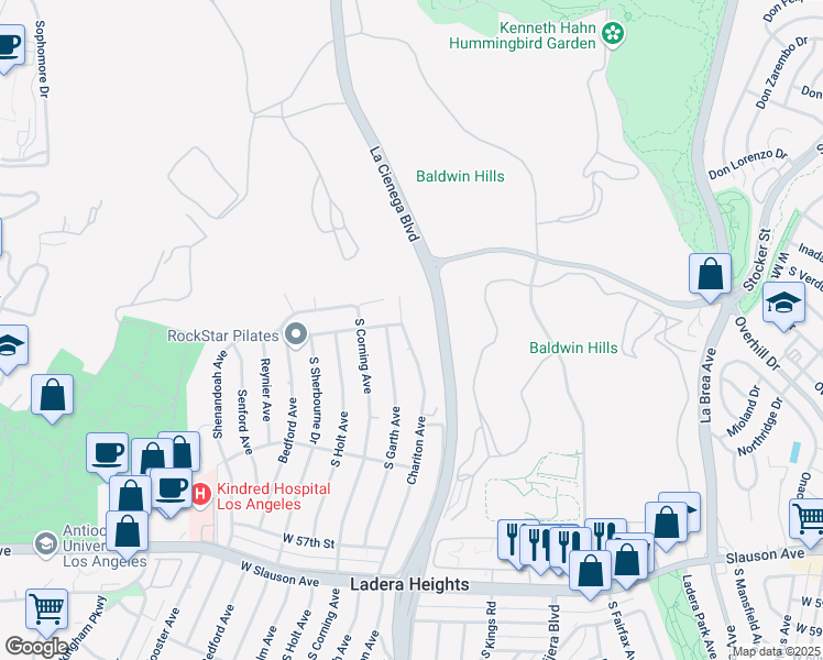 map of restaurants, bars, coffee shops, grocery stores, and more near 5102 South Garth Avenue in Los Angeles