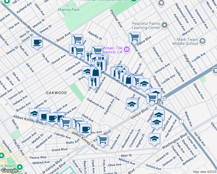 map of restaurants, bars, coffee shops, grocery stores, and more near 924 Palms Boulevard in Los Angeles