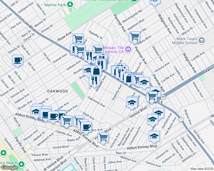 map of restaurants, bars, coffee shops, grocery stores, and more near 924 Palms Boulevard in Los Angeles