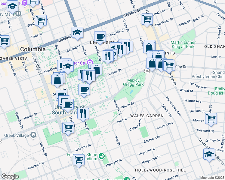 map of restaurants, bars, coffee shops, grocery stores, and more near 616 Pickens Street in Columbia