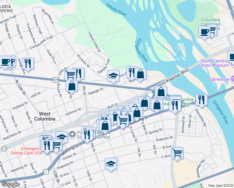 map of restaurants, bars, coffee shops, grocery stores, and more near 104 Whisper Way in West Columbia