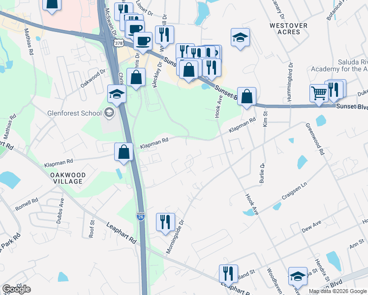 map of restaurants, bars, coffee shops, grocery stores, and more near 2391 Klapman Road in West Columbia