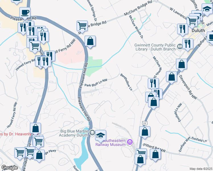 map of restaurants, bars, coffee shops, grocery stores, and more near 3677 Blackshear Court in Duluth