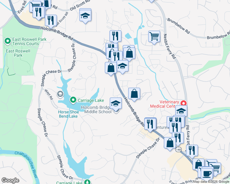map of restaurants, bars, coffee shops, grocery stores, and more near 155 Riversong Drive in Alpharetta