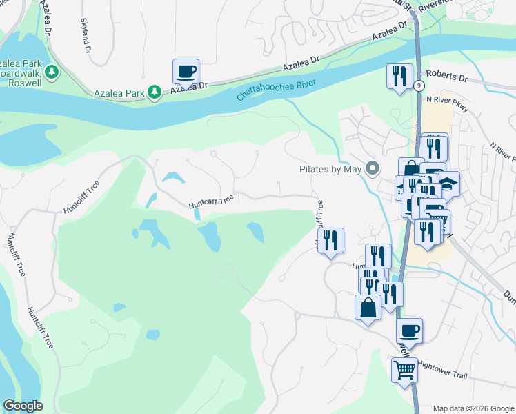 map of restaurants, bars, coffee shops, grocery stores, and more near 8940 Huntcliff Trce in Atlanta