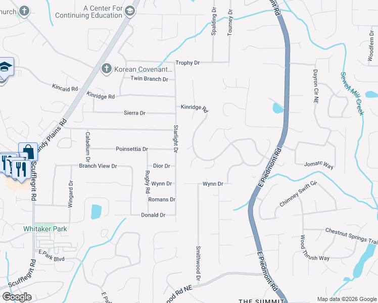map of restaurants, bars, coffee shops, grocery stores, and more near 1854 Starlight Drive in Marietta