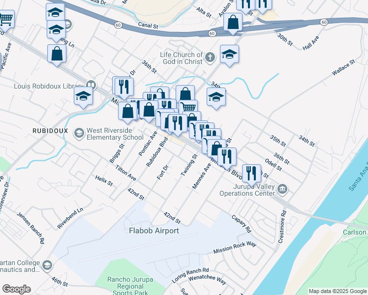 map of restaurants, bars, coffee shops, grocery stores, and more near 5548 Fort Fremont Alley in Riverside