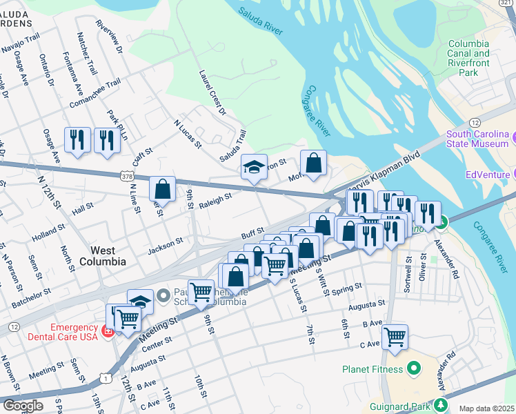 map of restaurants, bars, coffee shops, grocery stores, and more near 104 Whisper Way in West Columbia