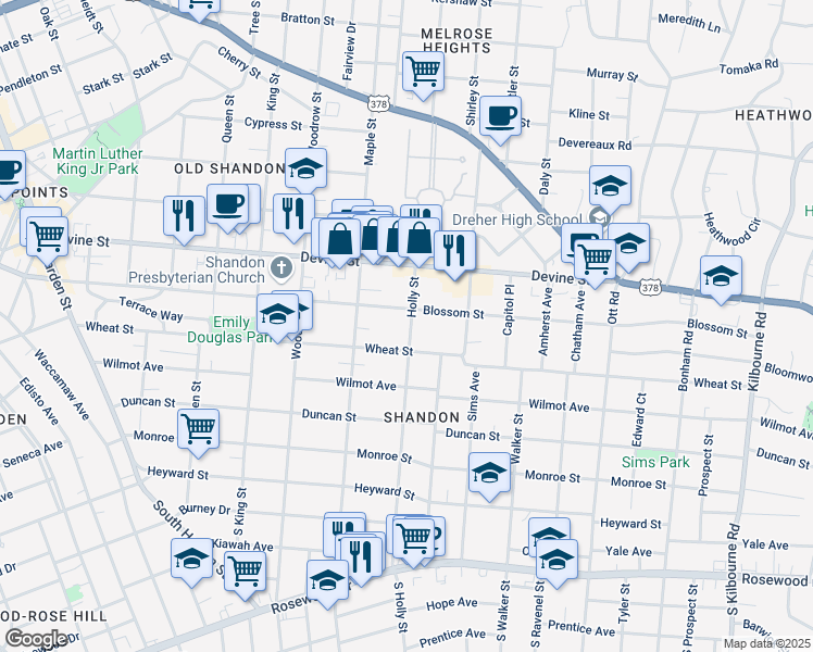 map of restaurants, bars, coffee shops, grocery stores, and more near 2830R Blossom Street in Columbia