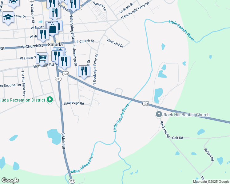 map of restaurants, bars, coffee shops, grocery stores, and more near Willow Loop in Saluda