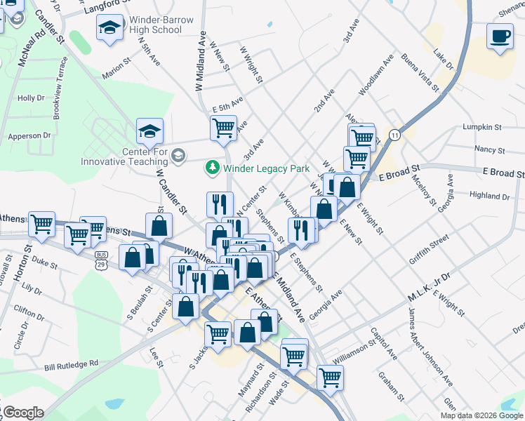 map of restaurants, bars, coffee shops, grocery stores, and more near 112 Woodlawn Avenue in Winder