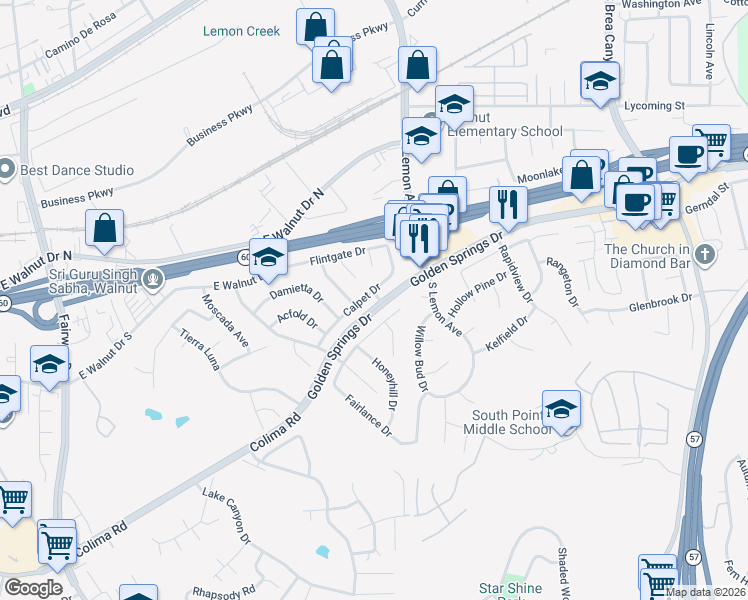 map of restaurants, bars, coffee shops, grocery stores, and more near 20520 Calpet Drive in Walnut