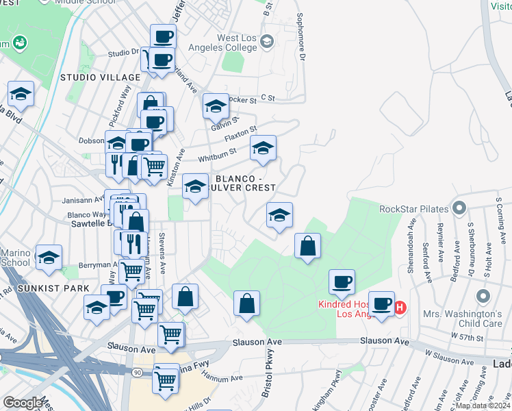 map of restaurants, bars, coffee shops, grocery stores, and more near 10745 Cranks Road in Culver City