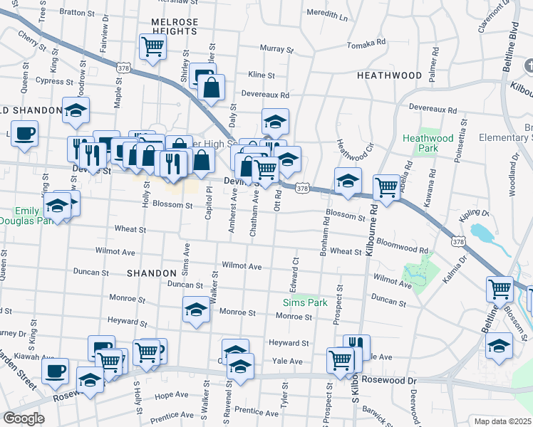 map of restaurants, bars, coffee shops, grocery stores, and more near 3306 Blossom Street in Columbia