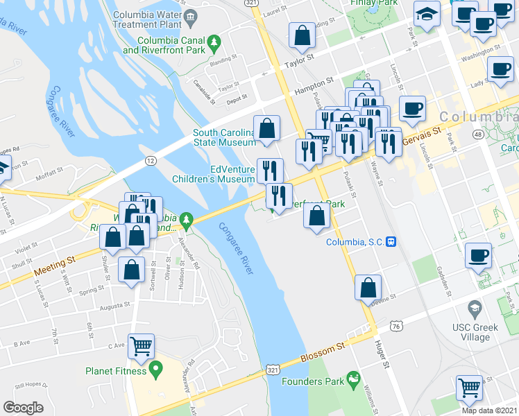 map of restaurants, bars, coffee shops, grocery stores, and more near 1105 Gist St in Columbia