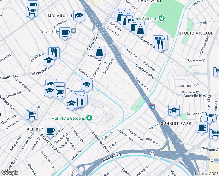 map of restaurants, bars, coffee shops, grocery stores, and more near 4800 South Slauson Avenue in Culver City