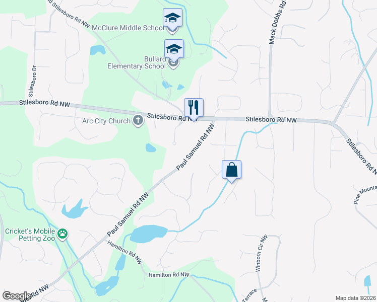 map of restaurants, bars, coffee shops, grocery stores, and more near 3570 Paul Samuel Road Northwest in Kennesaw