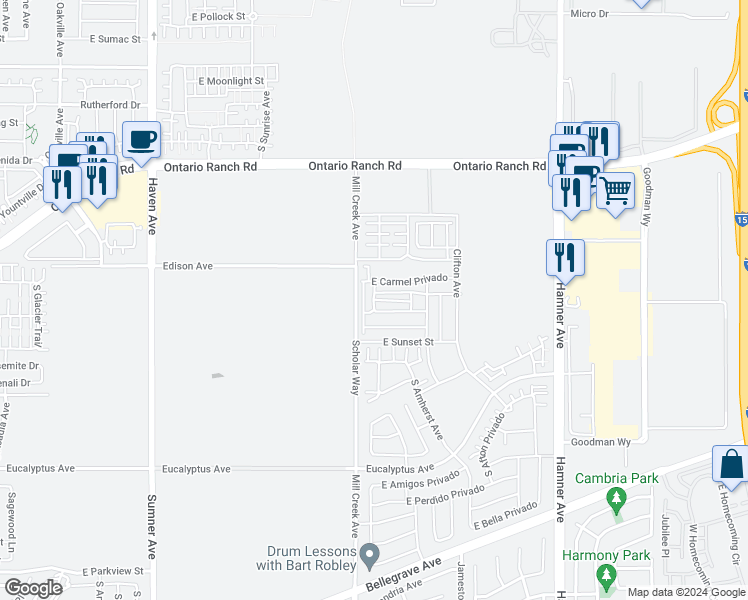 map of restaurants, bars, coffee shops, grocery stores, and more near South Laguna Avenue in Ontario