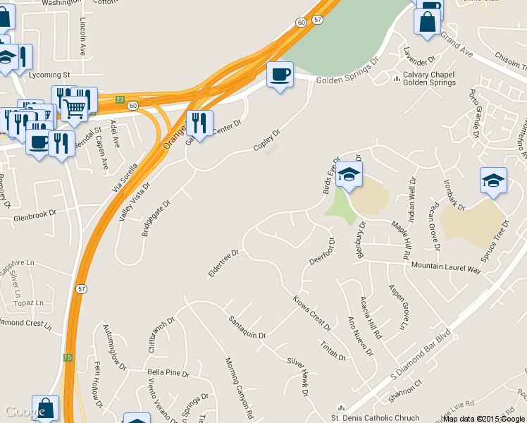 map of restaurants, bars, coffee shops, grocery stores, and more near 22029 Birds Eye Drive in Diamond Bar