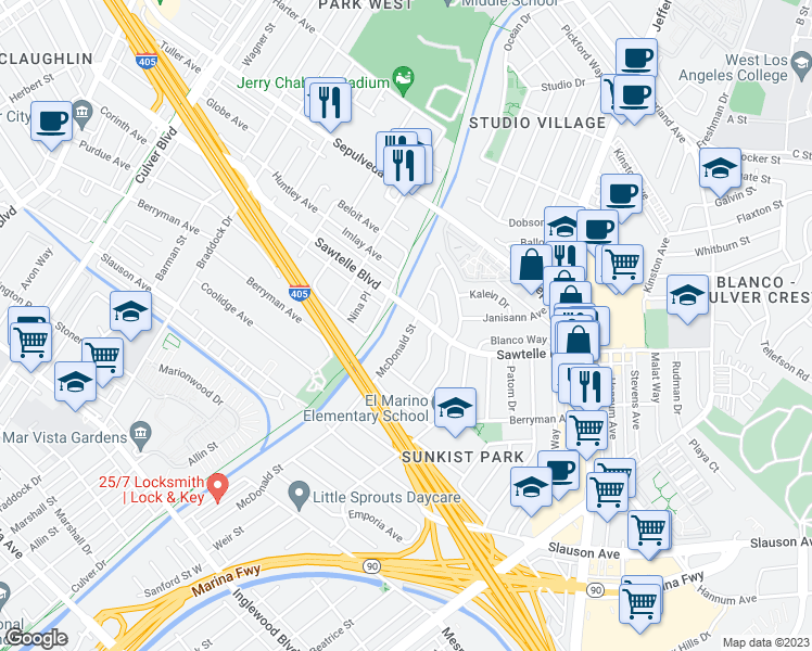 map of restaurants, bars, coffee shops, grocery stores, and more near 11209 McDonald Street in Culver City
