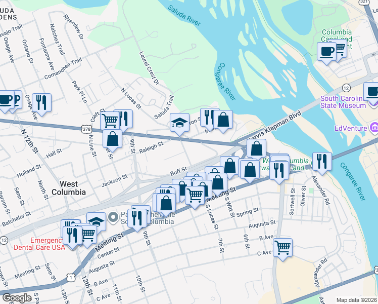 map of restaurants, bars, coffee shops, grocery stores, and more near 418 North Lucas Street in West Columbia