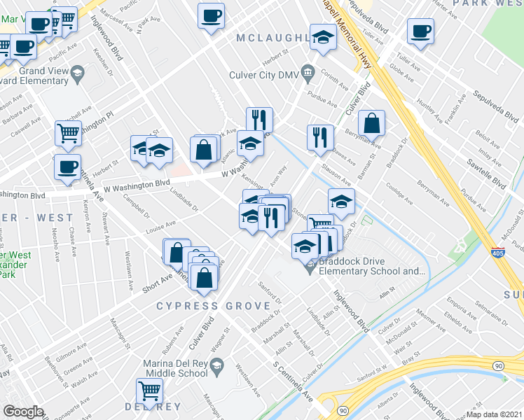map of restaurants, bars, coffee shops, grocery stores, and more near 11930 Avon Way in Los Angeles