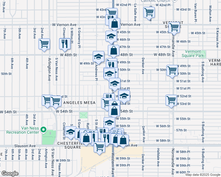 map of restaurants, bars, coffee shops, grocery stores, and more near 5133 South Western Avenue in Los Angeles