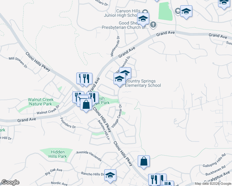 map of restaurants, bars, coffee shops, grocery stores, and more near 14145 Morning View Drive in Chino Hills