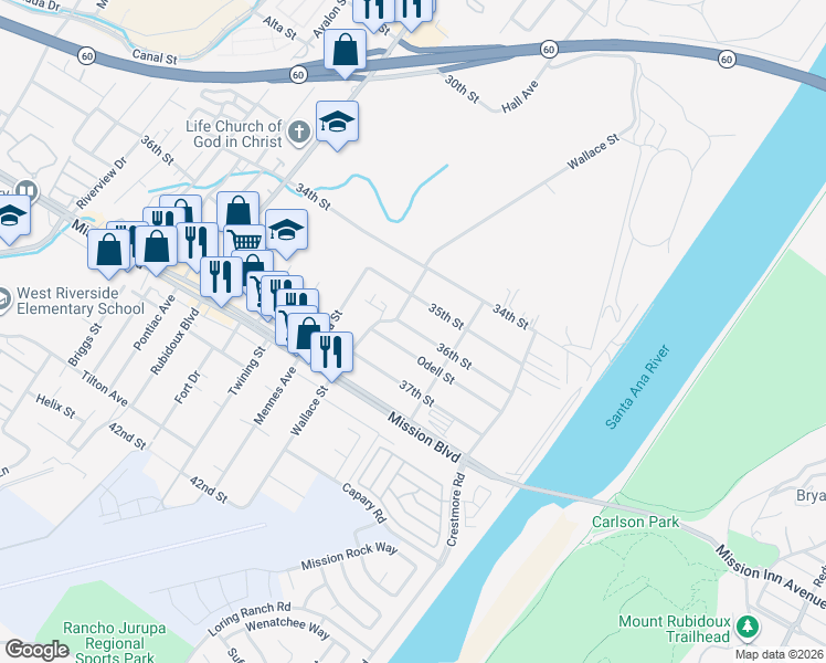 map of restaurants, bars, coffee shops, grocery stores, and more near 5354 36th St in Riverside