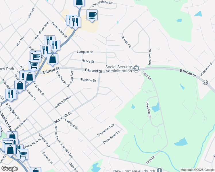 map of restaurants, bars, coffee shops, grocery stores, and more near 238 Rutledge Drive in Winder