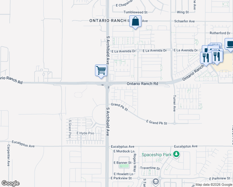 map of restaurants, bars, coffee shops, grocery stores, and more near 2575 E Date Palm Paseo in Ontario