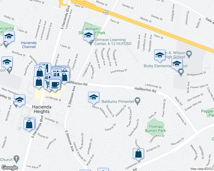 map of restaurants, bars, coffee shops, grocery stores, and more near Halliburton Rd & Durazno Dr in Hacienda Heights