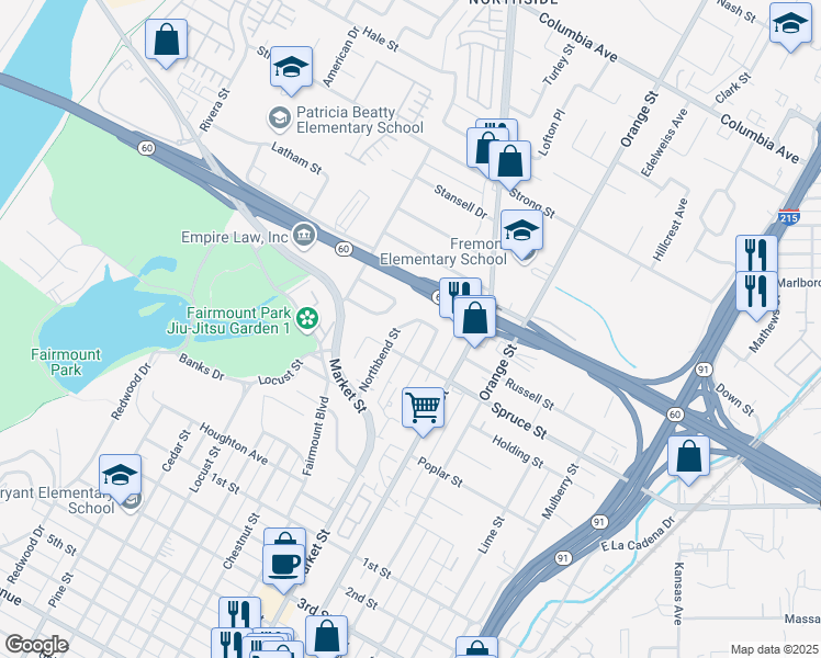 map of restaurants, bars, coffee shops, grocery stores, and more near 2306 Northbend Street in Riverside
