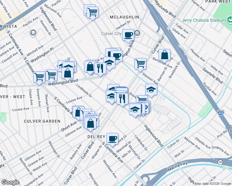 map of restaurants, bars, coffee shops, grocery stores, and more near 11930 Avon Way in Los Angeles