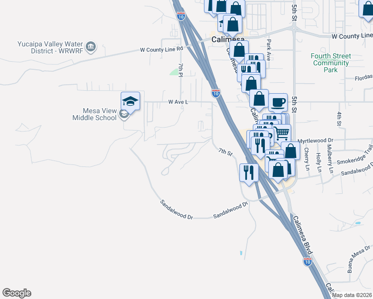 map of restaurants, bars, coffee shops, grocery stores, and more near 1134 Villa Calimesa Lane in Calimesa