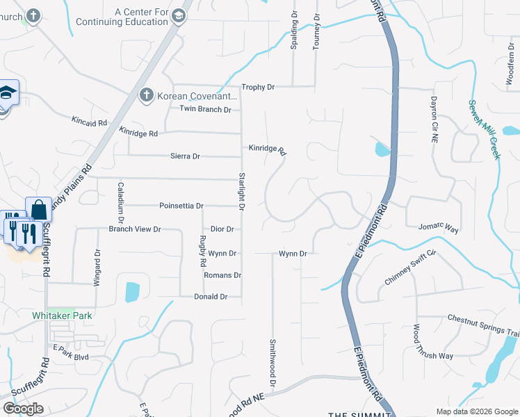 map of restaurants, bars, coffee shops, grocery stores, and more near 1854 Starlight Drive in Marietta