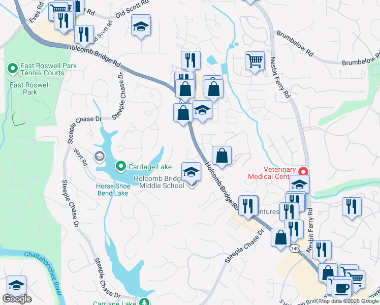 map of restaurants, bars, coffee shops, grocery stores, and more near 155 Riversong Drive in Alpharetta