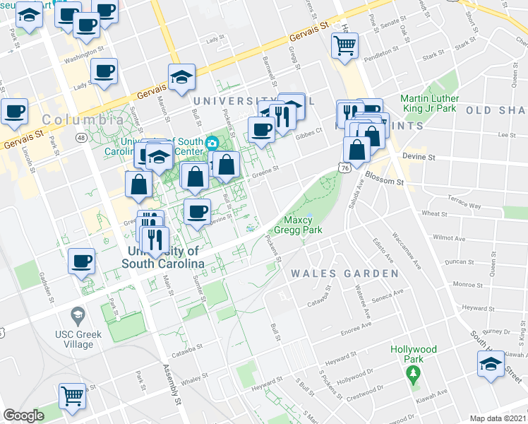 map of restaurants, bars, coffee shops, grocery stores, and more near 616 Pickens St in Columbia