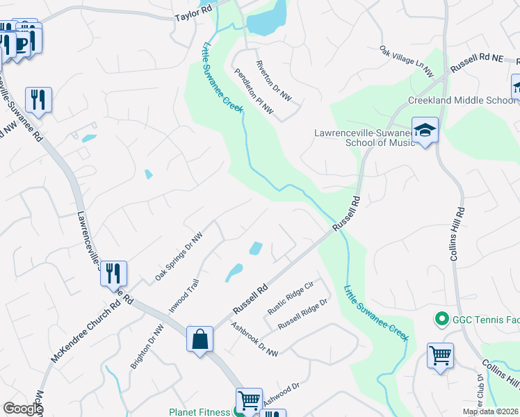 map of restaurants, bars, coffee shops, grocery stores, and more near 271 Inwood Trail in Lawrenceville