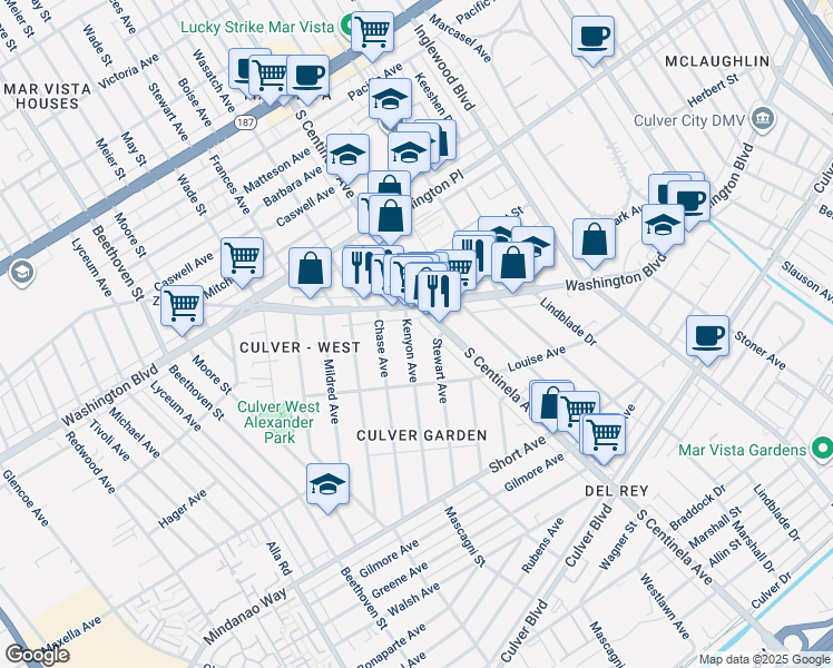 map of restaurants, bars, coffee shops, grocery stores, and more near 4134 Kenyon Avenue in Los Angeles