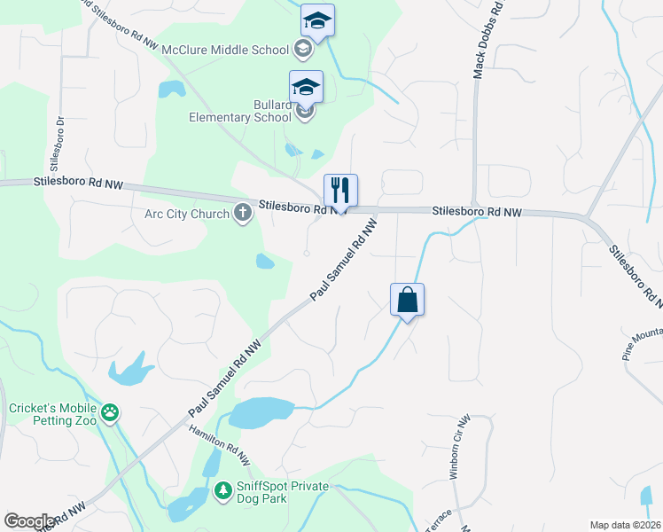 map of restaurants, bars, coffee shops, grocery stores, and more near 3570 Paul Samuel Road Northwest in Kennesaw