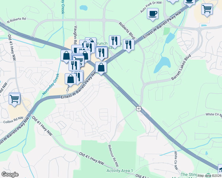 map of restaurants, bars, coffee shops, grocery stores, and more near 1201 Ridenour Lane in Kennesaw