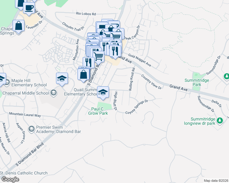 map of restaurants, bars, coffee shops, grocery stores, and more near 1503 High Bluff Drive in Diamond Bar