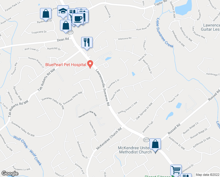 map of restaurants, bars, coffee shops, grocery stores, and more near 586 Suwanee East Drive in Lawrenceville