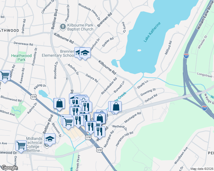 map of restaurants, bars, coffee shops, grocery stores, and more near 911 Rickenbaker Road in Columbia