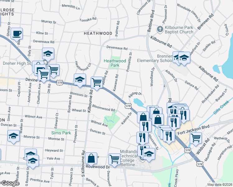 map of restaurants, bars, coffee shops, grocery stores, and more near 4003 Devine Street in Columbia
